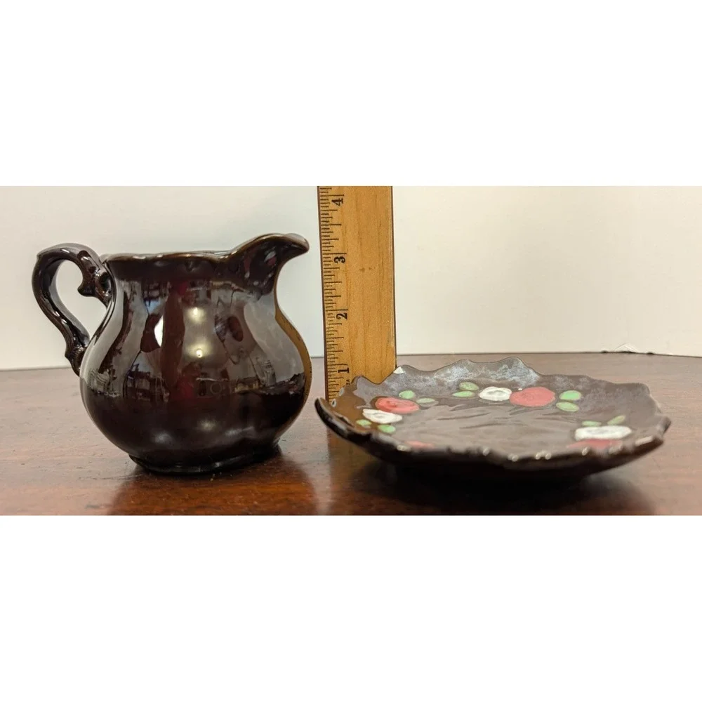 Vintage Occupied Japan Brown Floral Creamer & Saucer Set Hand Painted Pottery